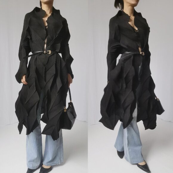 Issey Miyake pleats please black deconstructed duster robe trench coat - Picture 7 of 10